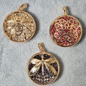 Off Park Ave Gold Tone Bee Dragonfly Floral Pendants Set Of 3 Rhinestone Accents